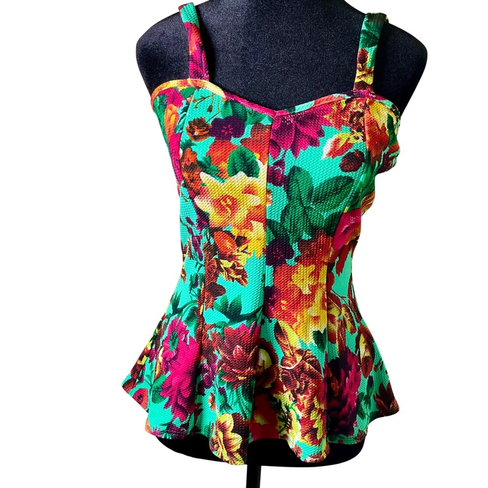 VTG 90s San Julian‎ Teal Tropical Floral Peplum Corset Top Sweetheart L Boho Y2K